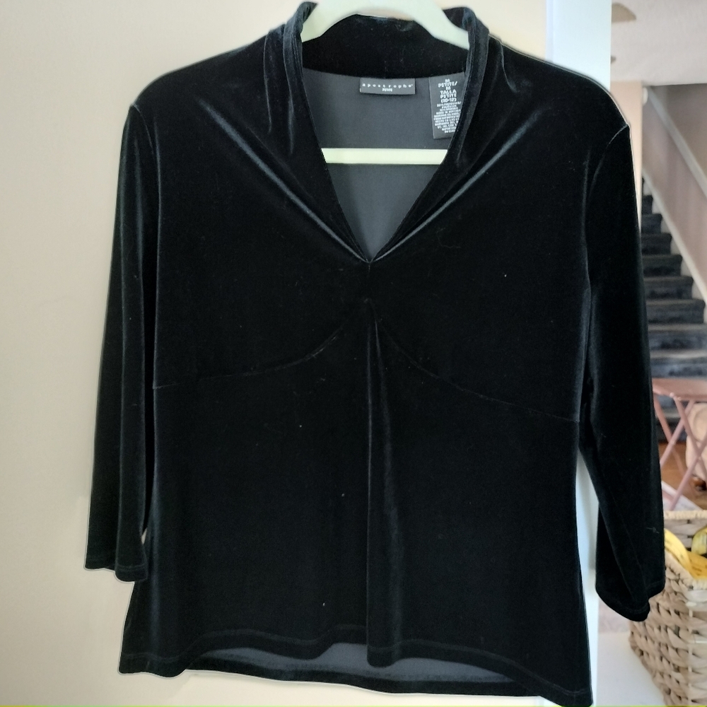 Apostrophe Black velvet top shirt M Petite party formal Wedding Holiday Office